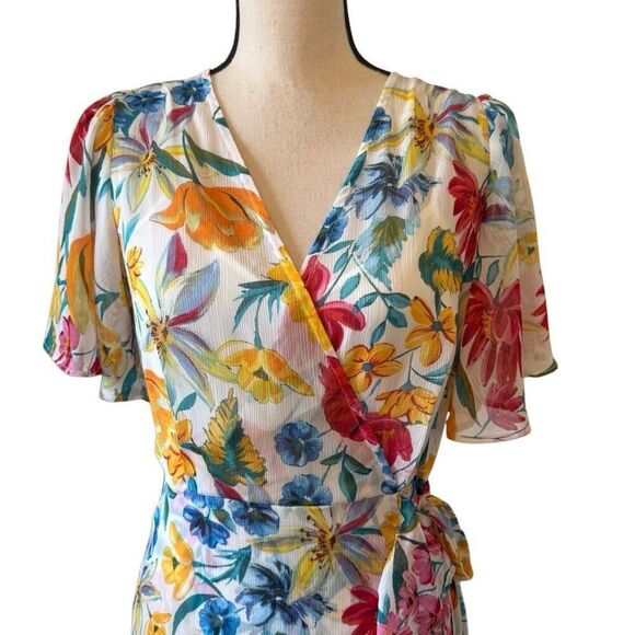 Calvin Klein White Floral Print Faux Wrap Flutter Slv Dress Sz 4 Fairycore - Picture 2 of 14